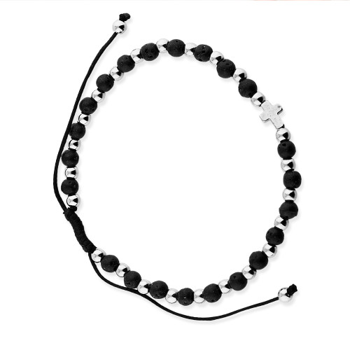 Pulseira de Aço Força Pedra Vulcânica com Cruz Ajustável