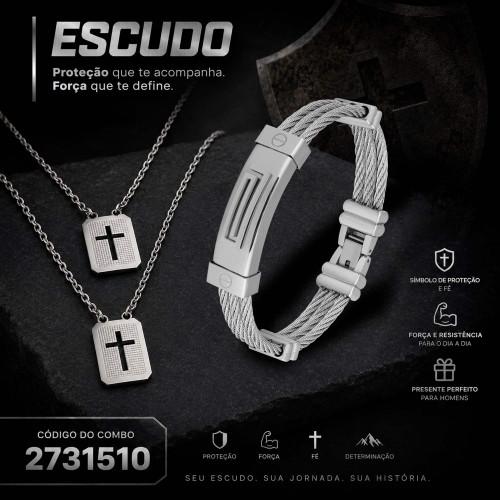 Combo Escudo Escapulário de Aço + Bracelete de Aço cabo Náutico