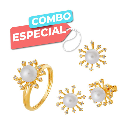 Conjunto de Prata Brisa Anel + Brinco + Pingente Revestido com Ouro 18k