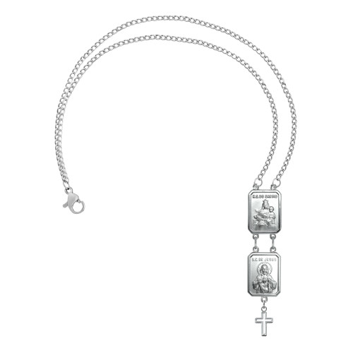 Pulseira de Aço Escapulário Sagrado Coração de Jesus e N.Sra do Carmo com Cruz 20cm