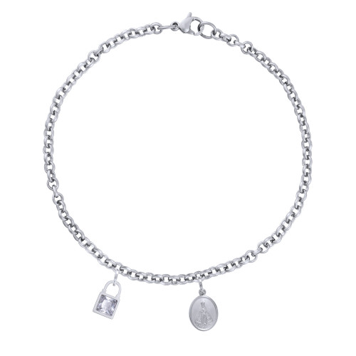 Pulseira de Aço Consagração Nossa Senhora Aparecida Cadeado de Zircônia 17cm