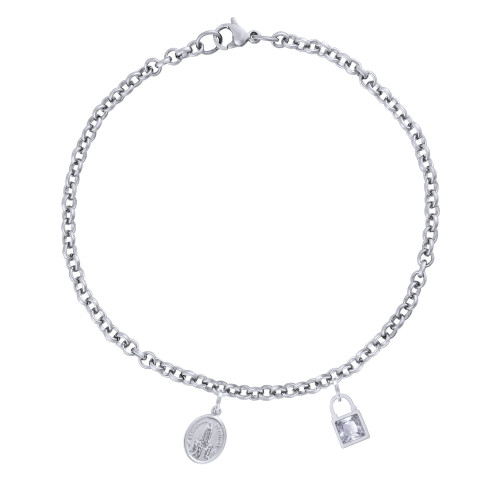 Pulseira de Aço Consagração Rosário de Fátima cadeado de Zircônia 17cm