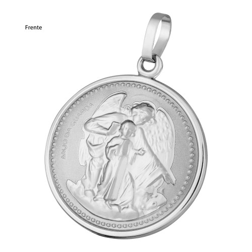 Medalhão de Berço em Aço Anjo da Guarda com Oração no Verso Fita Pérola