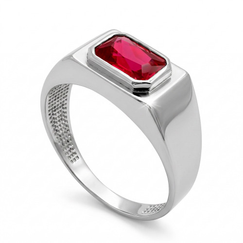 Anel Masculino Graduation Quadrado Prata com Zircônia Vermelha