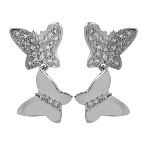 Brinco Prata Borboletas Pendentes com Zircônia 23x12mm