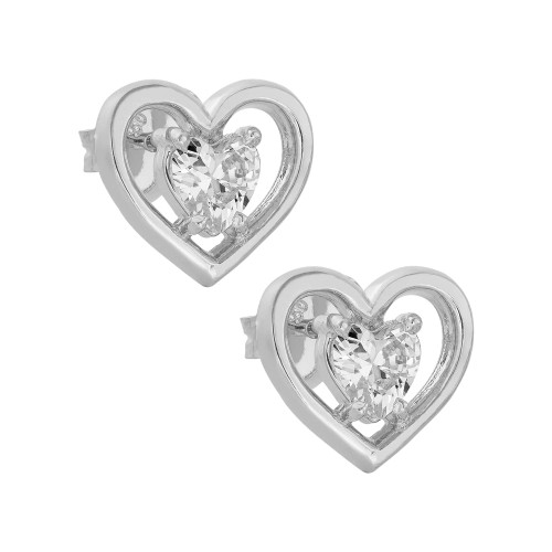 Brinco Prata Coração com Zircônia Branca 11x12mm