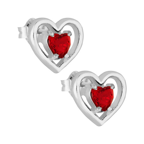 Brinco de Prata Coração com Zircônia Vermelha 11x12mm