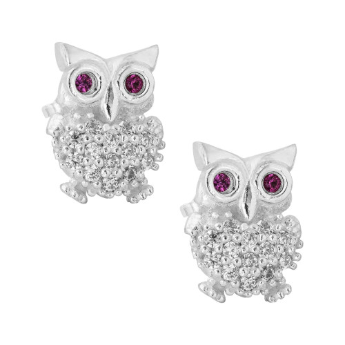 Brinco Prata Coruja com Zircônia Branca e Vermelha 11x8mm