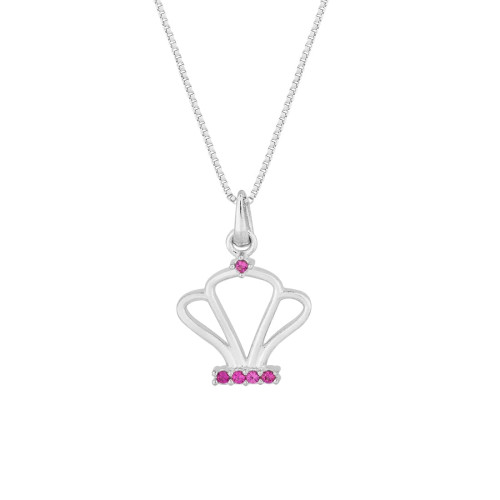 Colar Prata Coroa com Zircônia Vermelha 12.5x13mm 45cm