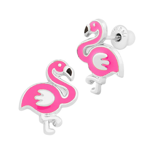 Brinco de Prata Infantil Flamingo com Resina Rosa 13.50x10mm