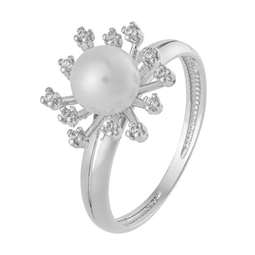 Anel de Prata Flor com Pérola e Zircônias Brancas 6mm