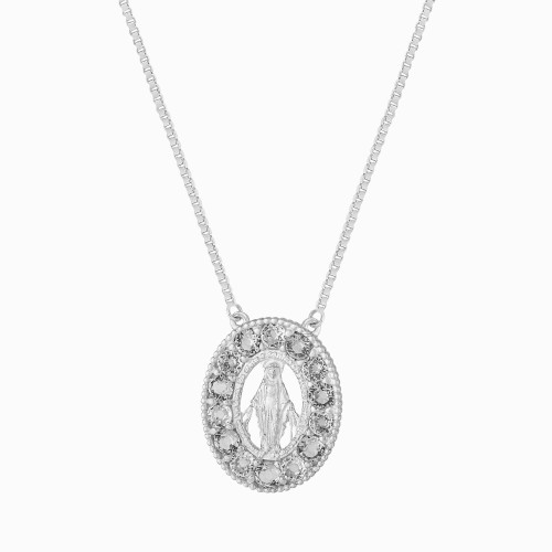 Colar de Prata NSra. das Graças com Zircônias Brancas 20x16mm