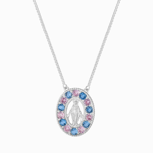 Colar de Prata Nossa Sra. Das Graças com Zircônias Azuis e Lilás 20x16mm