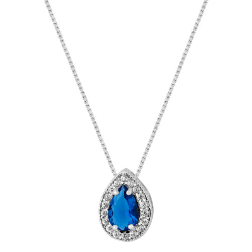 Colar de Prata Gota Azul com Zircônias Brancas 45cm