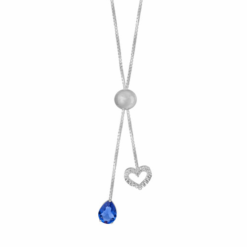 Colar de Prata Gravatinha Italiana Gota Azul com zircônias 8x8 70cm ajustável