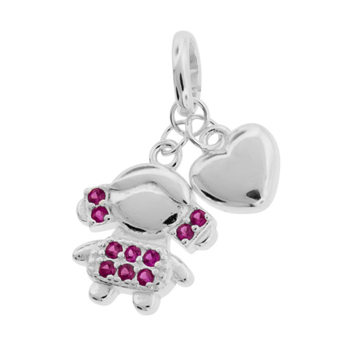 Pingente de Prata Menina com Coração Zircônia Pink 12x8