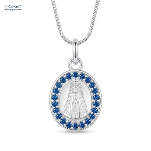 Colar de Prata Nossa Senhora Aparecida Zircônia Azul 10mm 45cm
