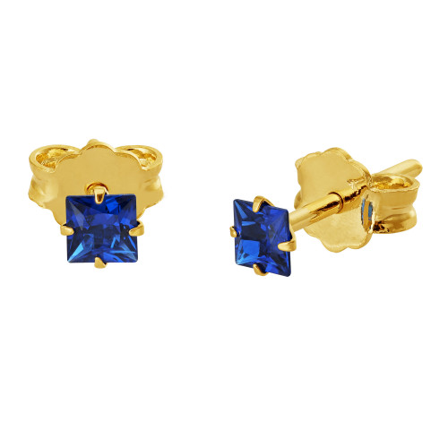 Brinco de Prata Solitário Zircônia Azul Carré Revestido com Ouro 18k 3mm