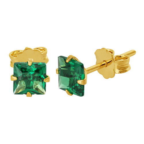 Brinco de Prata Solitário Zircônia Verde Carré Revestido com Ouro 18k 5mm