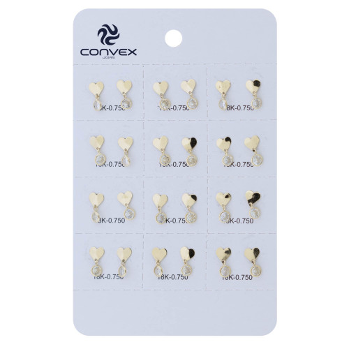Brinco de Ouro 18k Baby Coração com Zircônia pendurada 3mm cartela com 12 pares