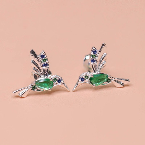 Brinco de Prata Beija Flor Coleção Florescer Zircônia Esmeralda 14x10mm