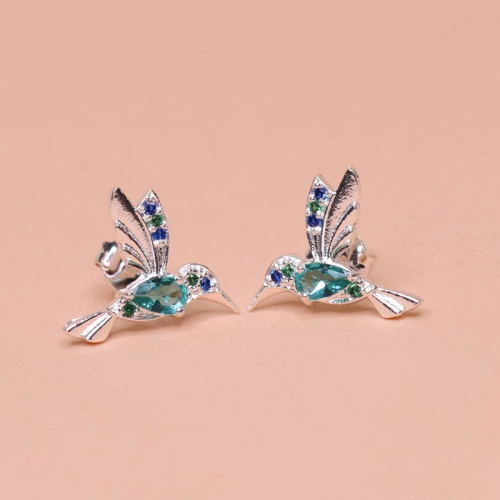 Brinco de Prata Beija Flor Coleção Florescer Zircônia Verde Água 14x10mm