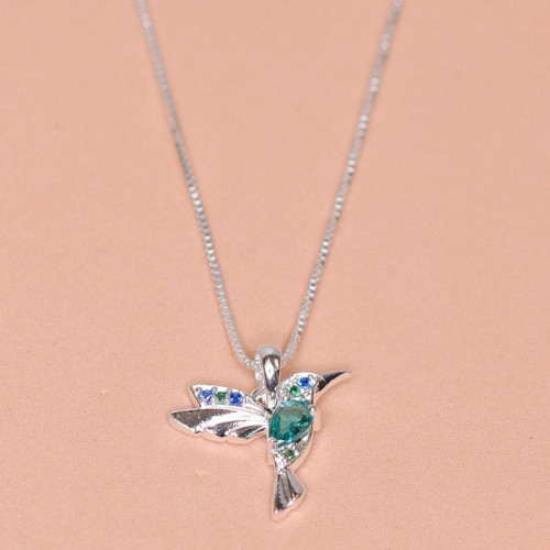 Colar de Prata Beija Flor Coleção Florescer Zircônia Verde Água 45cm