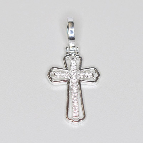 Pingente de Prata Cruz Trabalhada com Zircônias Brancas 13x20